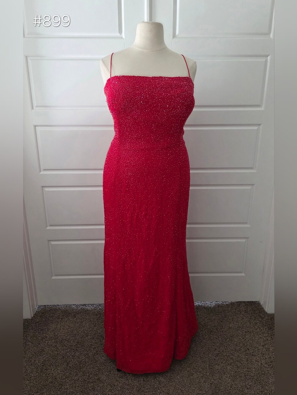 Red Beaded Spaghetti-Strap Evening Gown